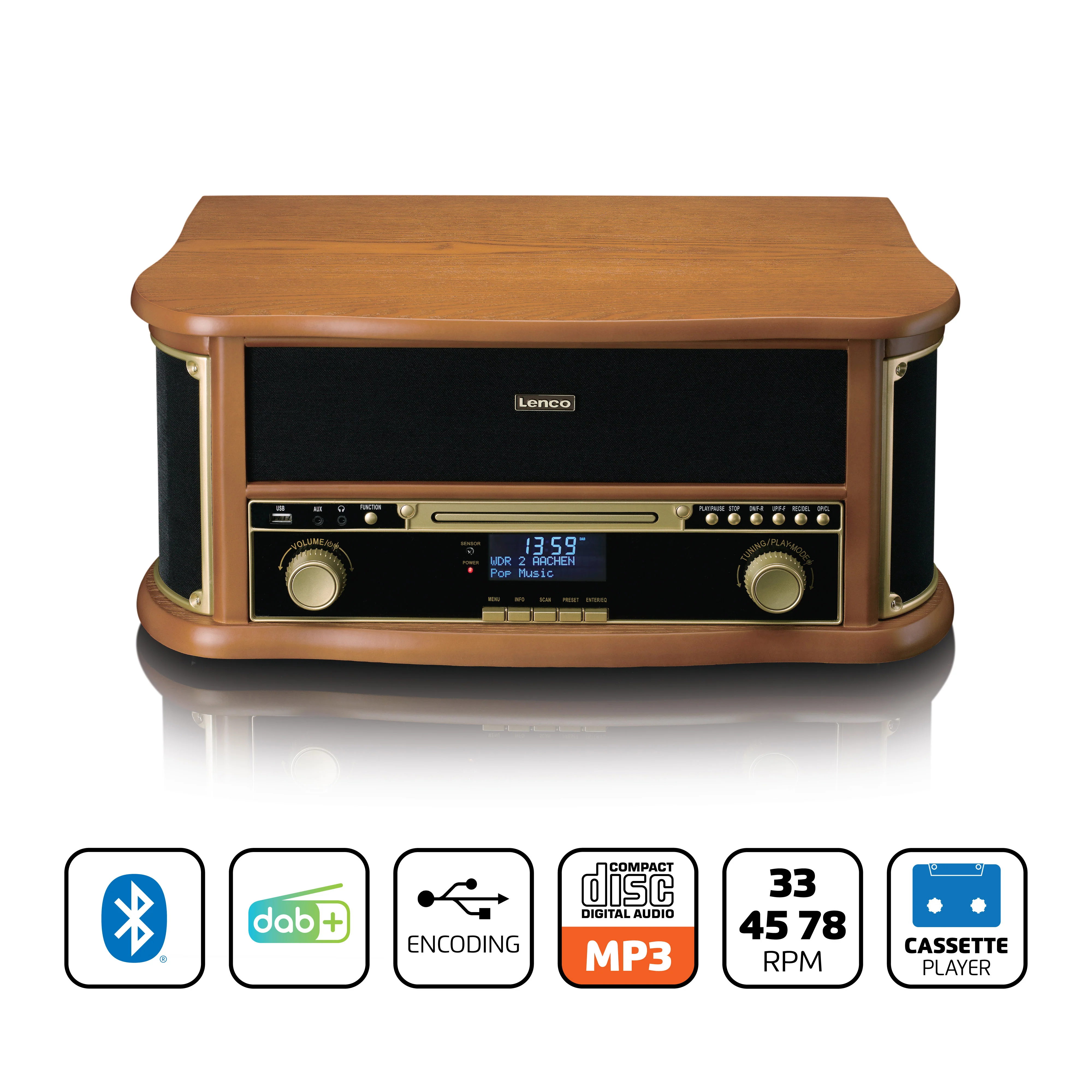 CLASSIC PHONO TCD-2571WD - Houten retro platenspeler met Bluetooth®, DAB+/FM Radio, USB encoding, CD-speler, Cassettespeler en ingebouwde speakers - Hout - Image 10