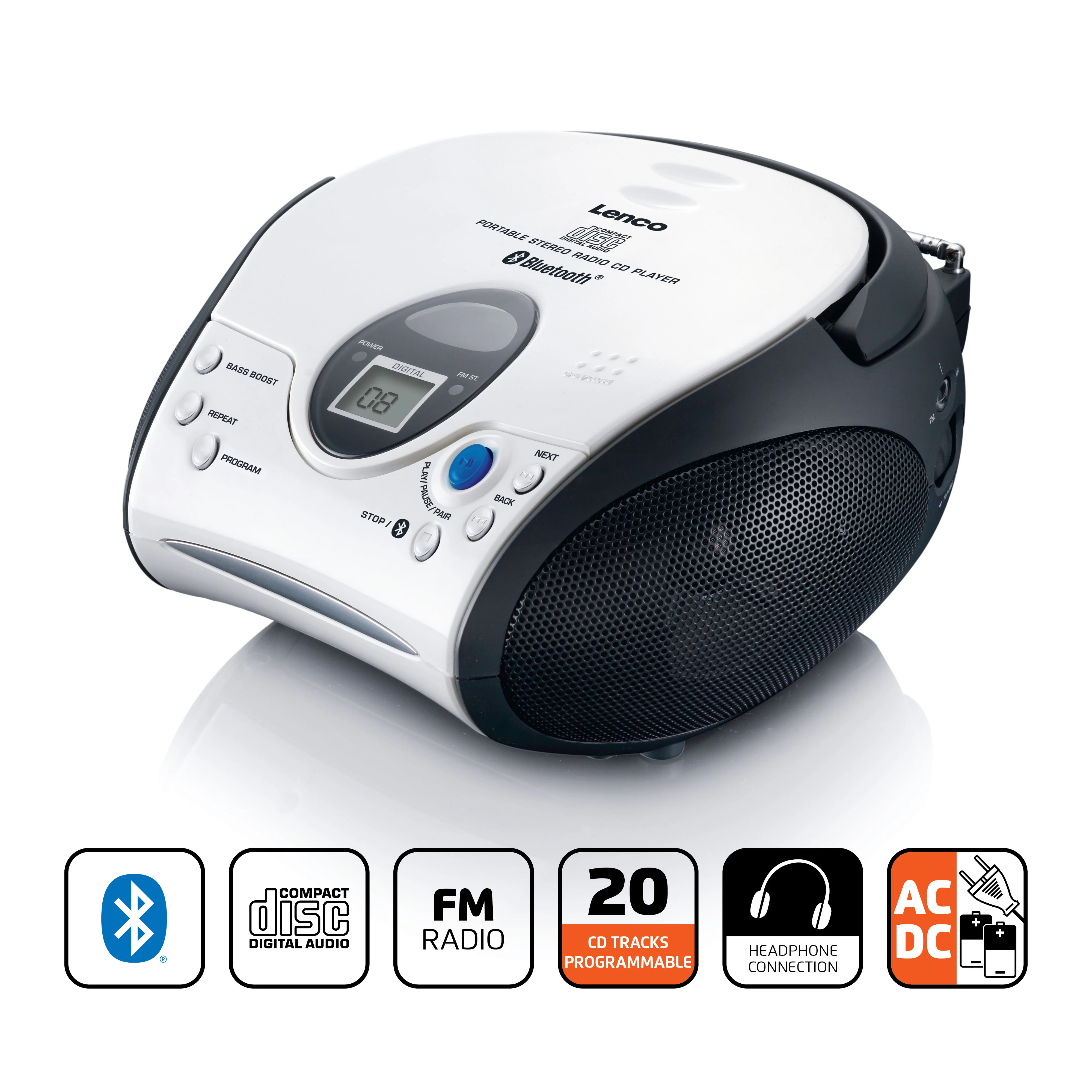 LENCO SCD-24BT WHBK - Draagbare CD-speler met FM radio en Bluetooth®, wit/zwart - Image 5