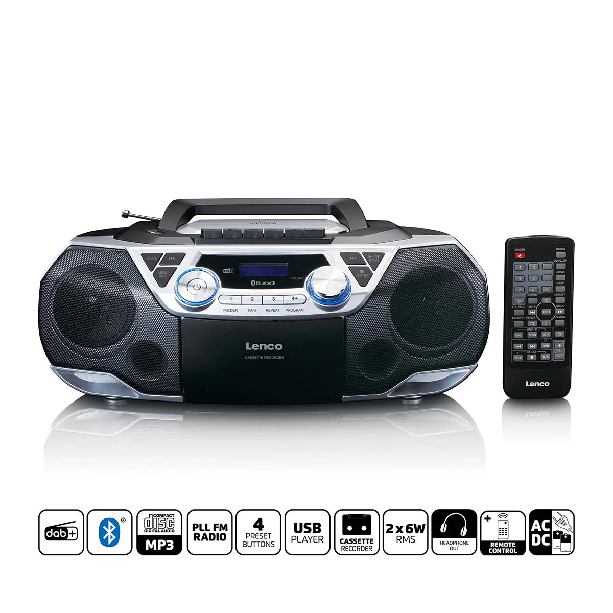 LENCO SCD-720SI - Draagbare boombox met DAB+/FM radio, Bluetooth®, CD, casette recorder en USB speler - Zilver - Image 9
